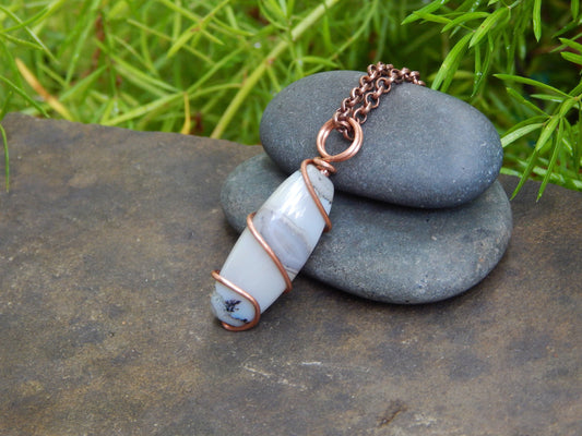 Agate necklace, wire wrapped pendant, boho gift under 20, agate jewelry, earthy necklace, copper wire  wrap, minimalist gemstone, hippie