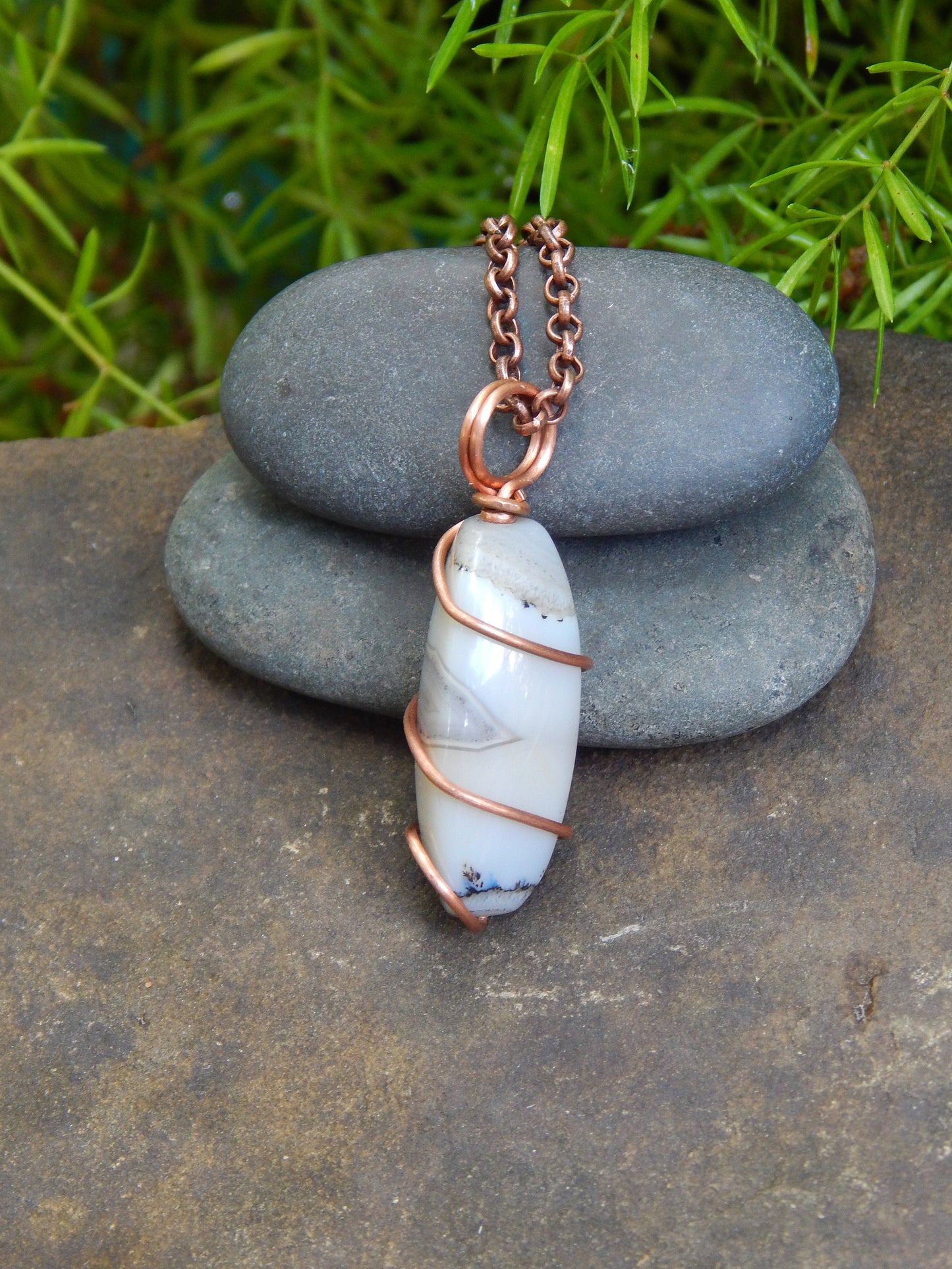 Agate necklace, wire wrapped pendant, boho gift under 20, agate jewelry, earthy necklace, copper wire  wrap, minimalist gemstone, hippie