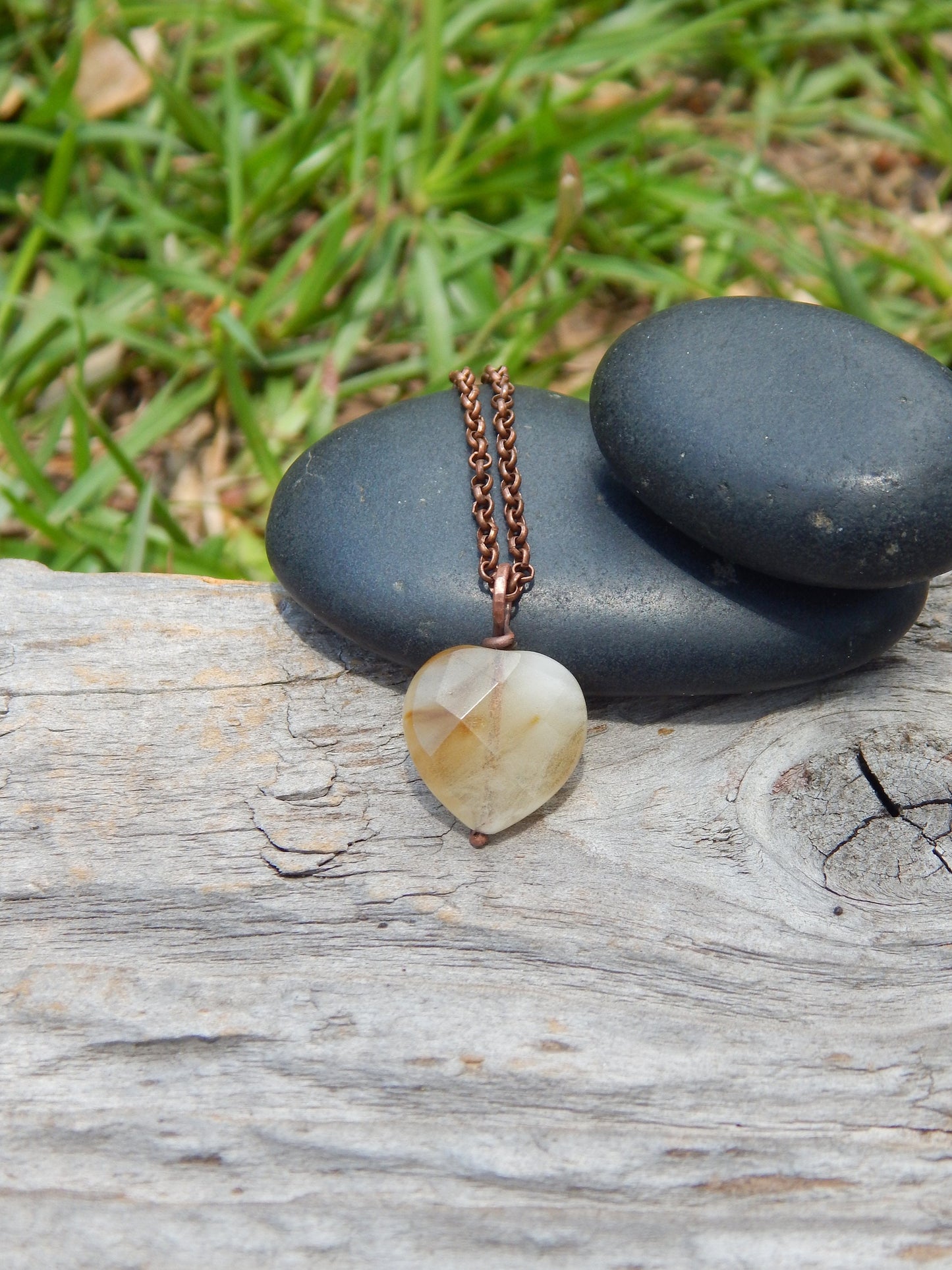 Glass heart necklace pendant, dainty pendant, heart jewelry, thinking of you gift under 10, small boho pendant, copper wire wrap, handmade