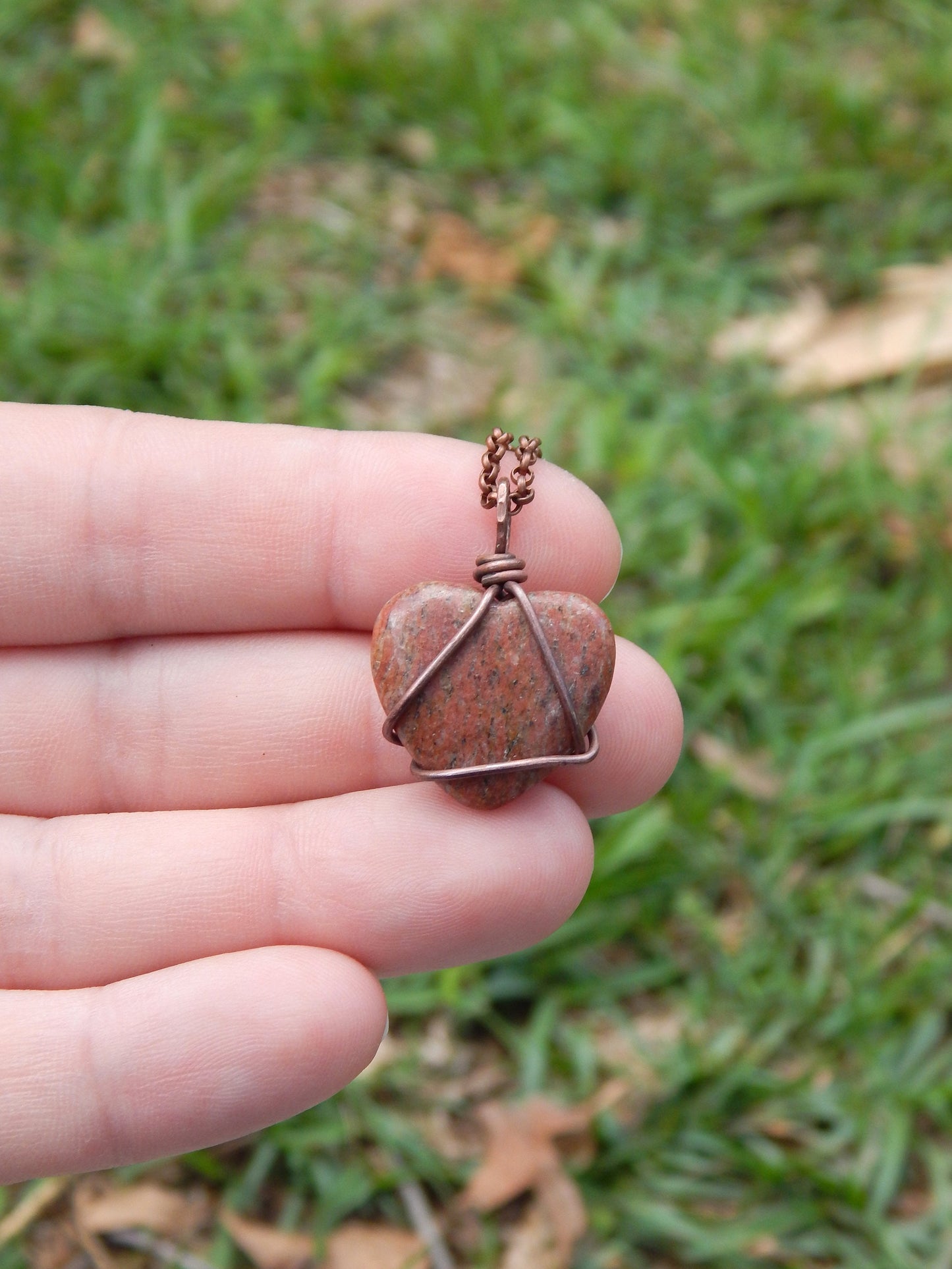 Gemstone heart pendant, boho pendant, copper wire wrap jewelry, ready to ship, gift under 10, minimalist pendant, simple pendant, earthy