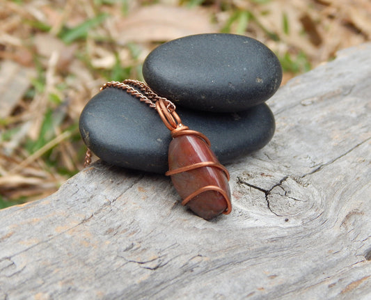 Earthy bloodstone jasper wire wrap pendant