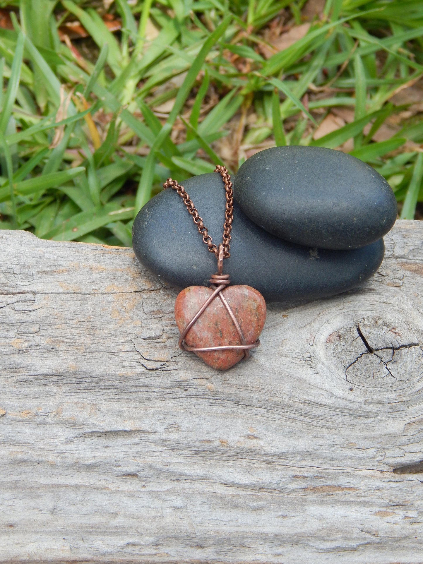 Gemstone heart pendant, boho pendant, copper wire wrap jewelry, ready to ship, gift under 10, minimalist pendant, simple pendant, earthy