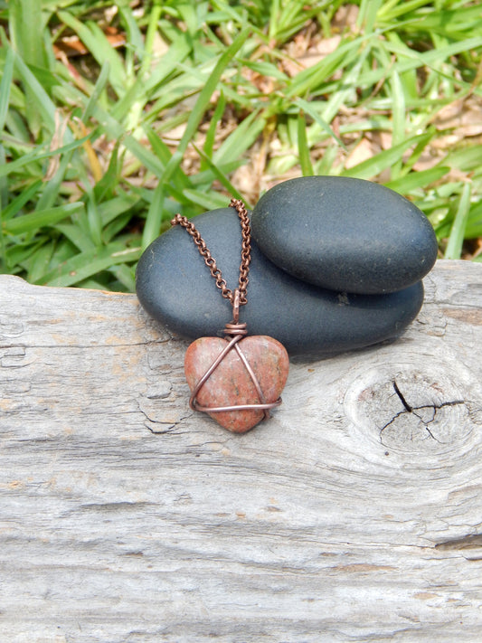 Gemstone heart pendant, boho pendant, copper wire wrap jewelry, ready to ship, gift under 10, minimalist pendant, simple pendant, earthy