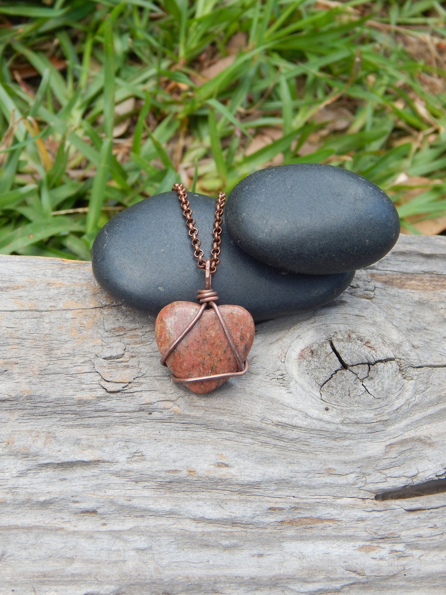 Gemstone heart pendant, boho pendant, copper wire wrap jewelry, ready to ship, gift under 10, minimalist pendant, simple pendant, earthy