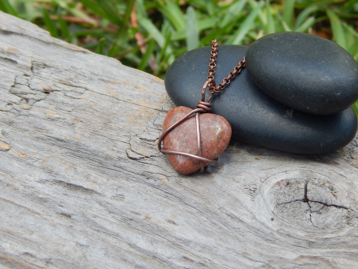 Gemstone heart pendant, boho pendant, copper wire wrap jewelry, ready to ship, gift under 10, minimalist pendant, simple pendant, earthy