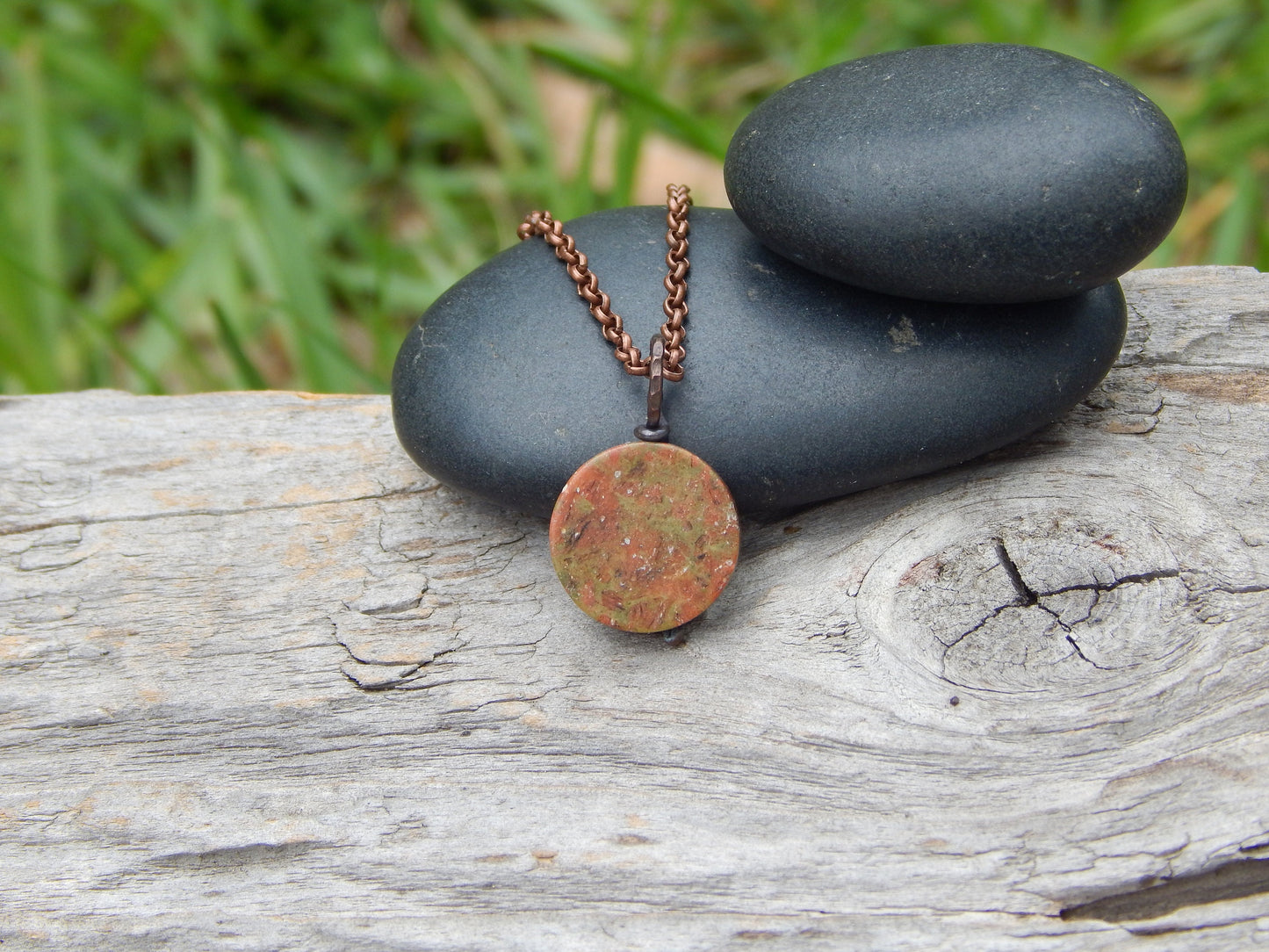 Unakite necklace, wire wrapped pendant, earthy jewelry, unique gift under 20, gemstone necklace, unakite jasper, minimalist pendant, earthy