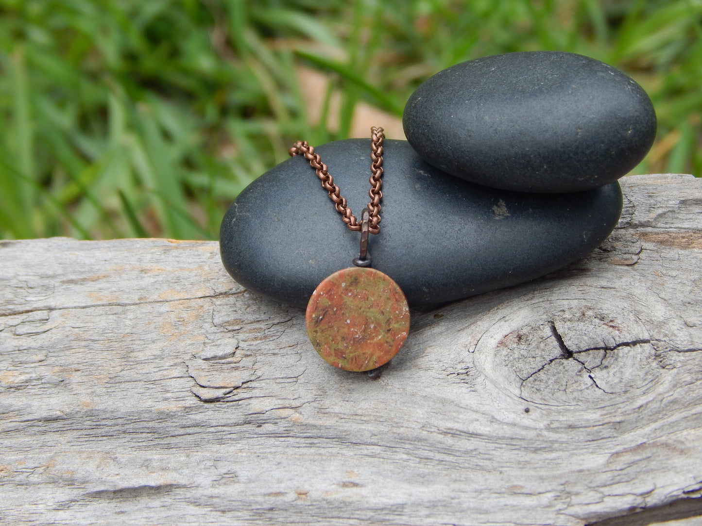 Unakite necklace, wire wrapped pendant, earthy jewelry, unique gift under 20, gemstone necklace, unakite jasper, minimalist pendant, earthy