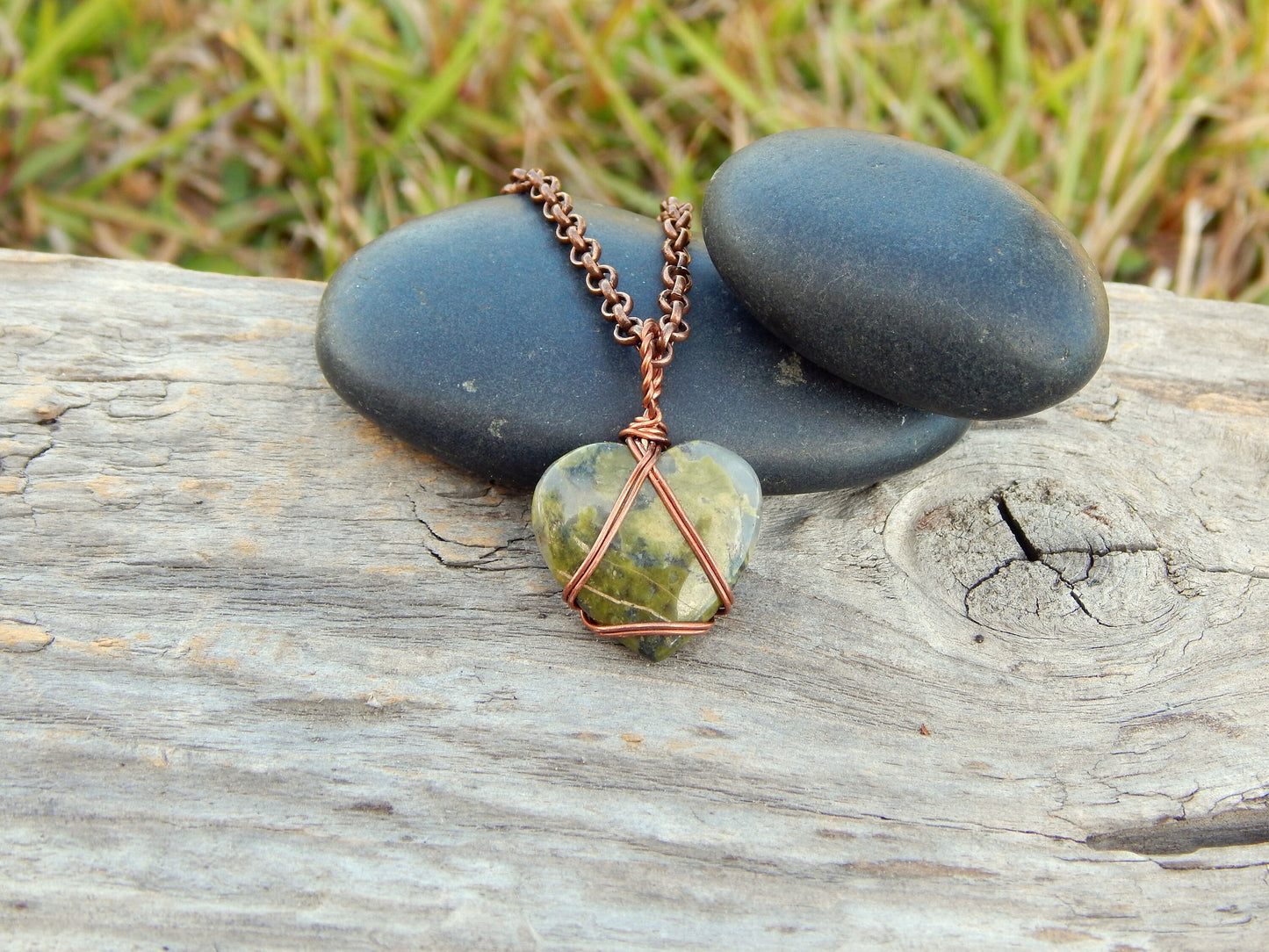 Unakite wire wrapped heart necklace pendant