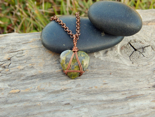 Unakite wire wrapped heart necklace pendant
