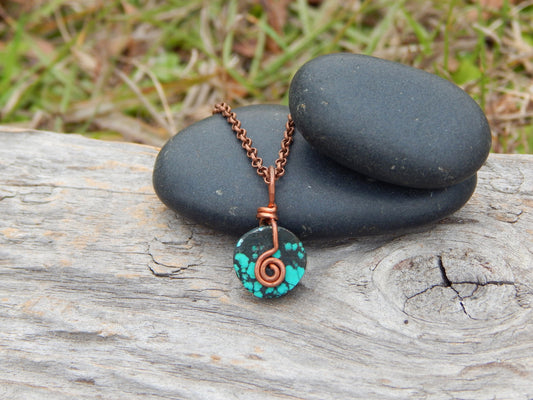 Turquoise and copper wire wrap necklace pendant