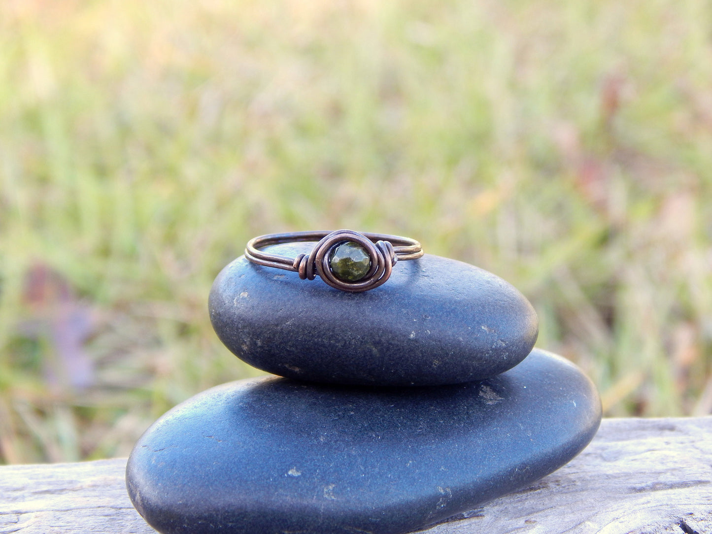 Unakite copper ring, size 9 ring, gemstone ring, simple ring, gift under 10, handmade copper ring, hammered copper, stacking ring, boho