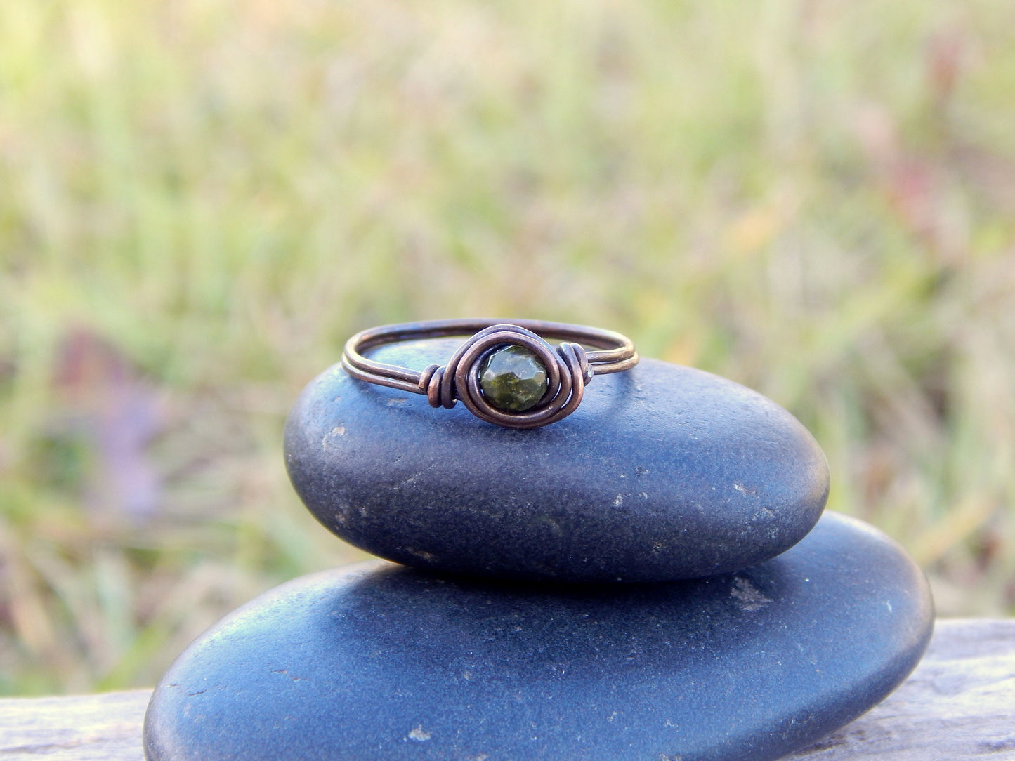 Unakite copper ring, size 9 ring, gemstone ring, simple ring, gift under 10, handmade copper ring, hammered copper, stacking ring, boho