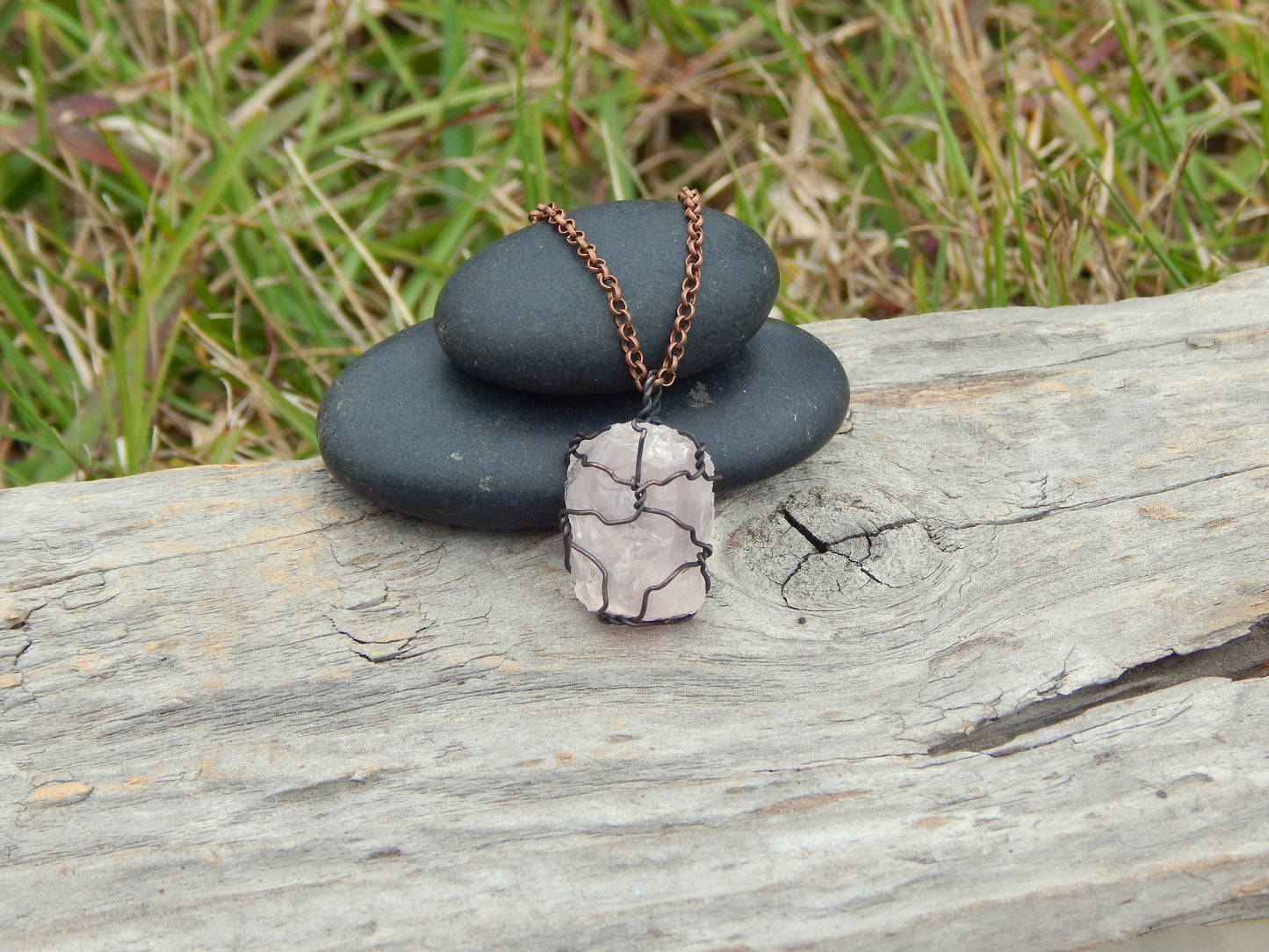 Raw rose quartz pendant, dainty pendant, layering necklace, unique gift, gift under 10, raw gemstone pendant, copper wire wrap, wire wrapped