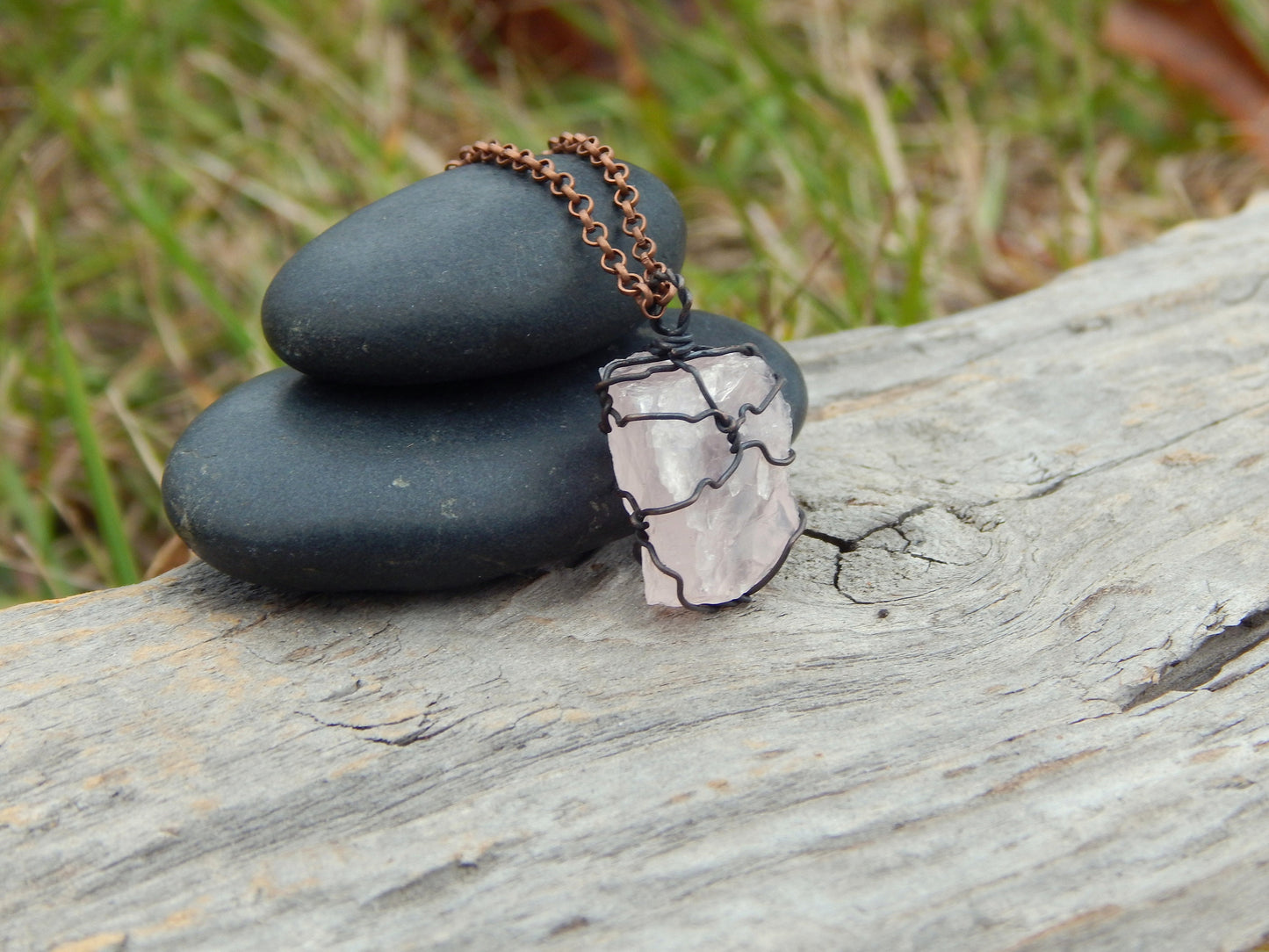 Raw rose quartz pendant, dainty pendant, layering necklace, unique gift, gift under 10, raw gemstone pendant, copper wire wrap, wire wrapped