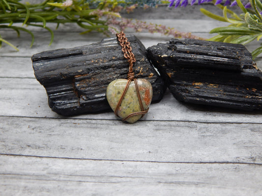 Copper wire wrap unakite heart pendant