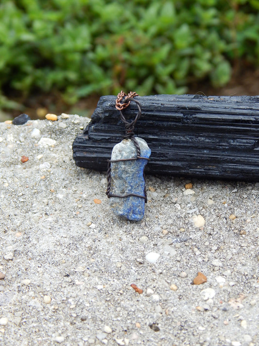 Wire wrapped raw lapis lazuli pendant