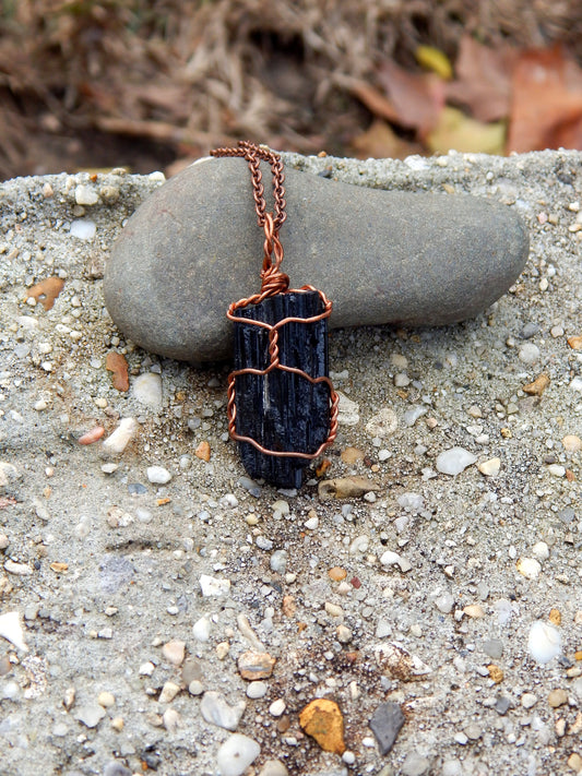 Black tourmaline copper wire wrap necklace pendant