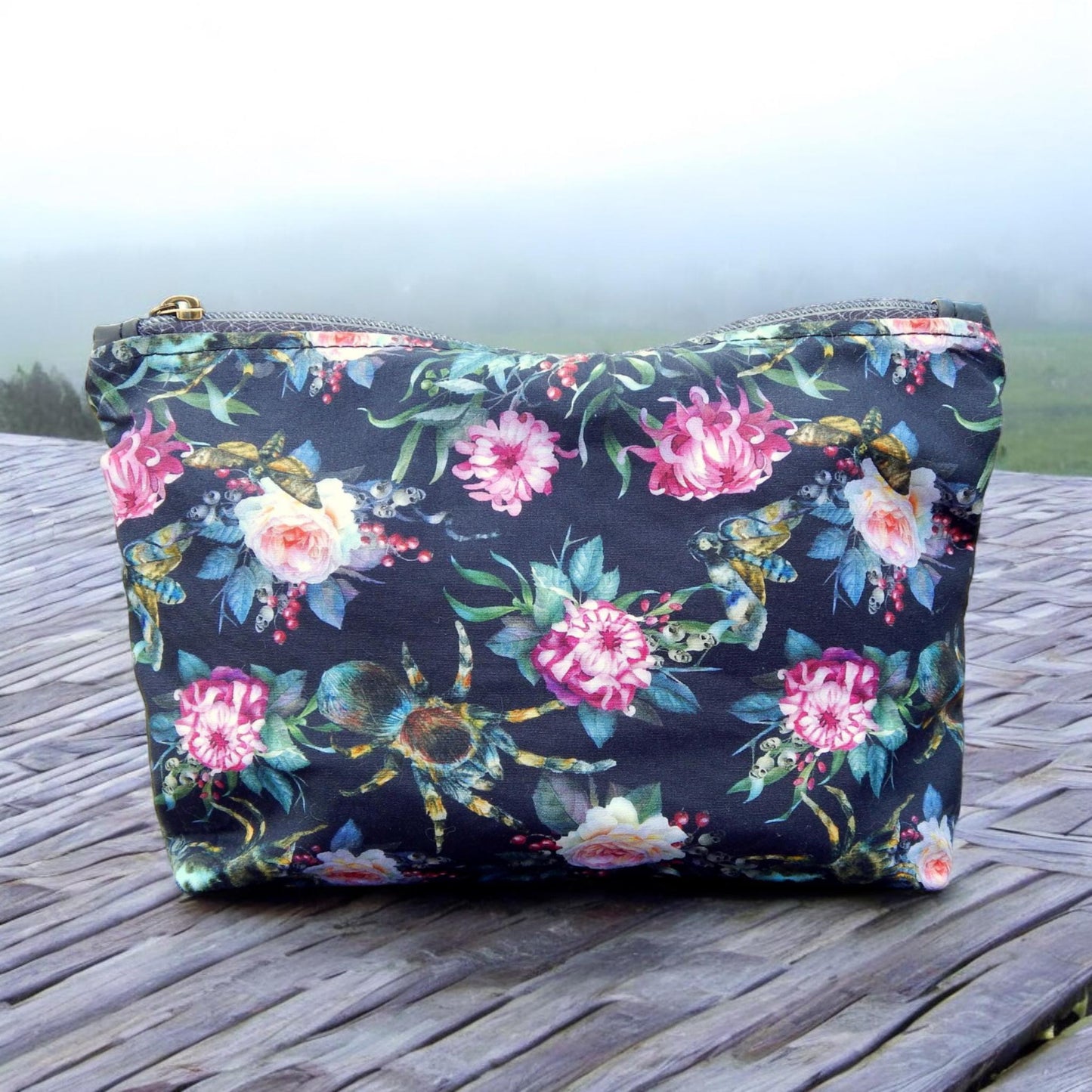 Floral spider, makeup bag, zippered pouch, toiletry  bag, gift under 25, ready to ship, gothic bag, witchy bag, tarantula bag, halloween