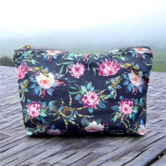 Floral spider, makeup bag, zippered pouch, toiletry  bag, gift under 25, ready to ship, gothic bag, witchy bag, tarantula bag, halloween