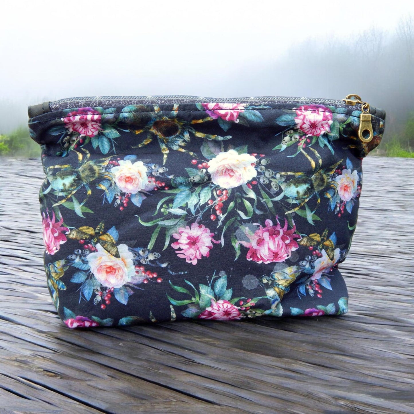 Floral spider, makeup bag, zippered pouch, toiletry  bag, gift under 25, ready to ship, gothic bag, witchy bag, tarantula bag, halloween