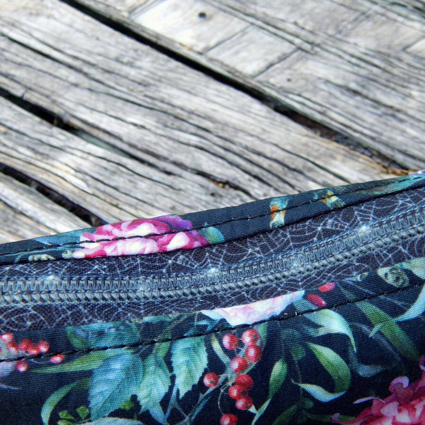 Floral spider, makeup bag, zippered pouch, toiletry  bag, gift under 25, ready to ship, gothic bag, witchy bag, tarantula bag, halloween
