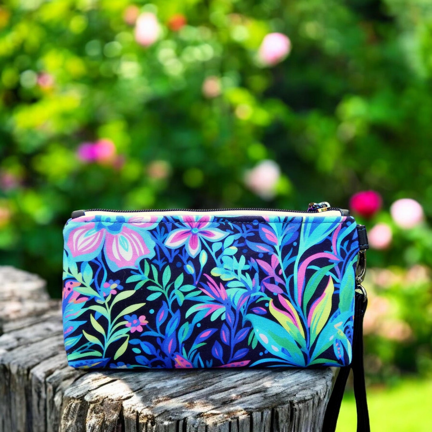 Floral wristlet purse, zippered pouch, handcrafted purse, unique gift, ready to ship, floral bag, wrist strap, unisex bag, harlequin purse
