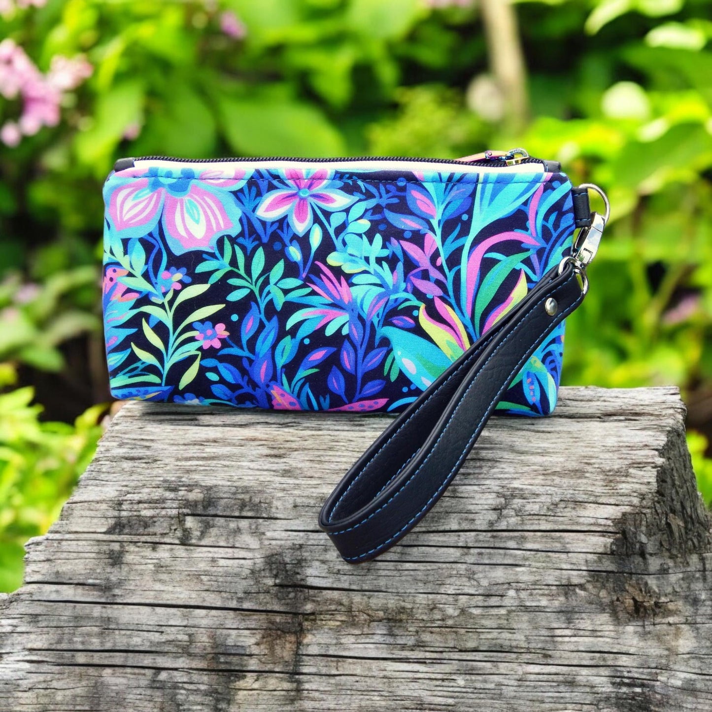 Floral wristlet purse, zippered pouch, handcrafted purse, unique gift, ready to ship, floral bag, wrist strap, unisex bag, harlequin purse