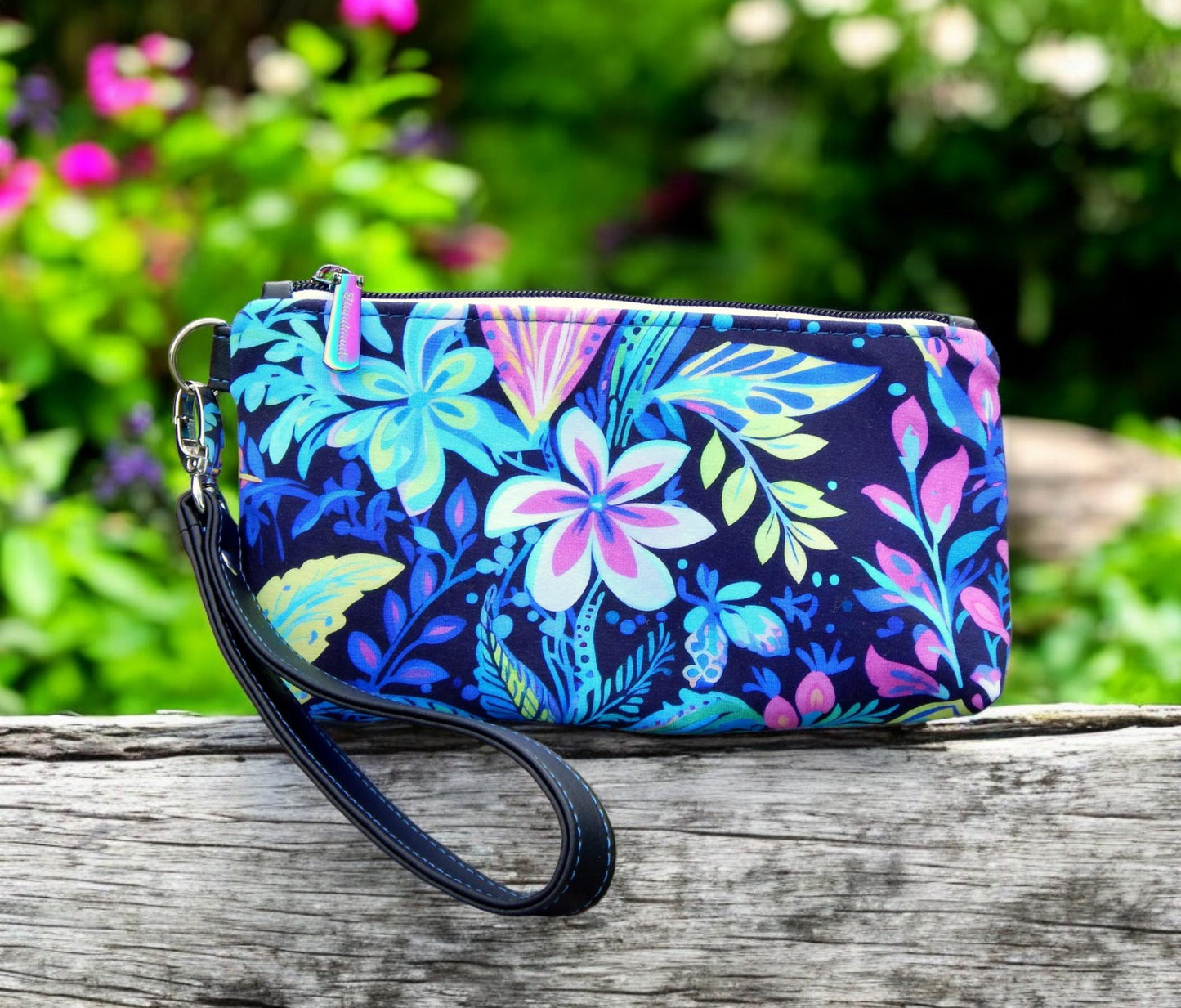 Floral wristlet purse, zippered pouch, handcrafted purse, unique gift, ready to ship, floral bag, wrist strap, unisex bag, harlequin purse