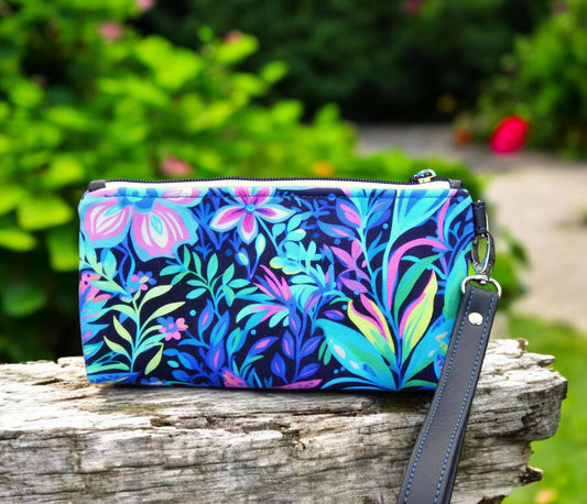 Floral wristlet purse, zippered pouch, handcrafted purse, unique gift, ready to ship, floral bag, wrist strap, unisex bag, harlequin purse