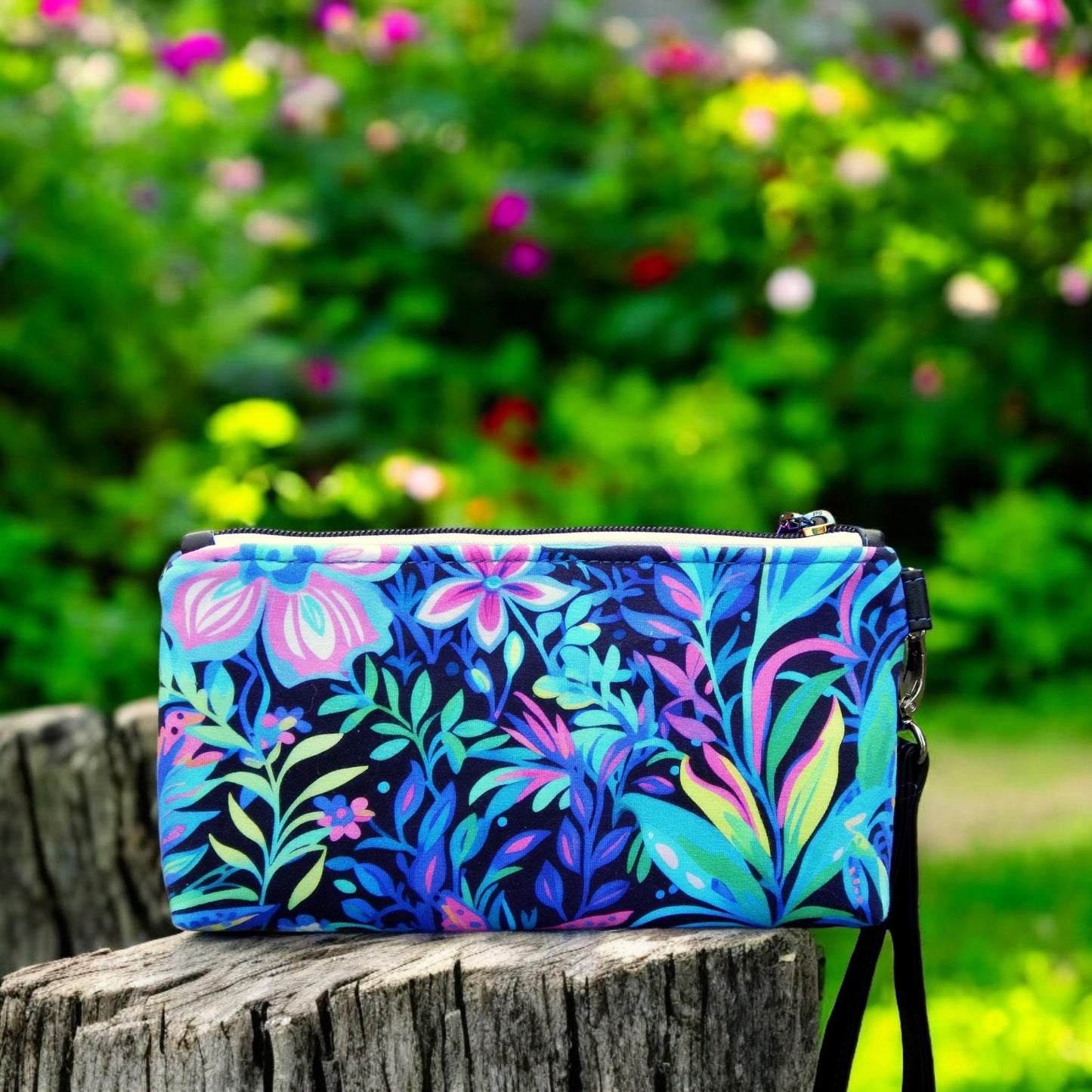 Floral wristlet purse, zippered pouch, handcrafted purse, unique gift, ready to ship, floral bag, wrist strap, unisex bag, harlequin purse