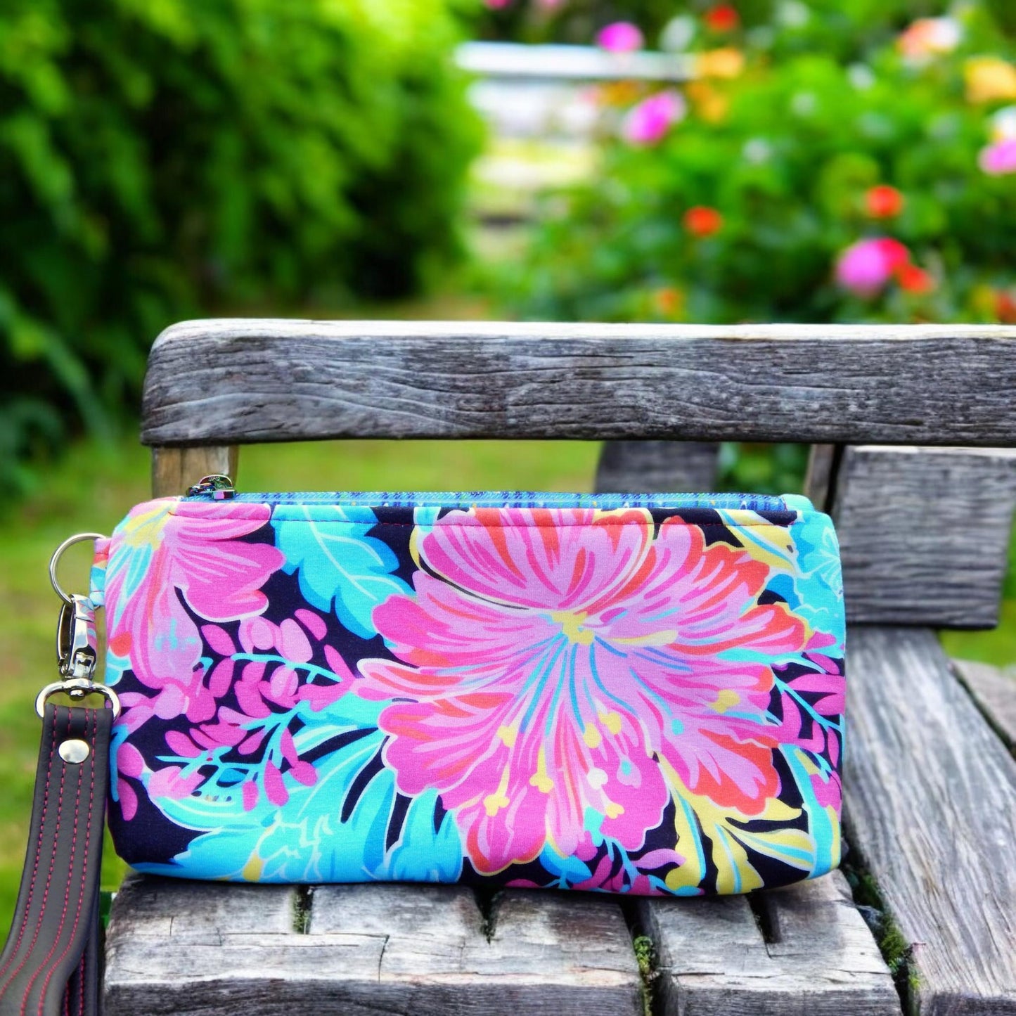 Floral wristlet purse, hibiscus flower, handmade purse, unique gift, ready to ship, zippered pouch, wrist strap, unisex bag, cruise bag