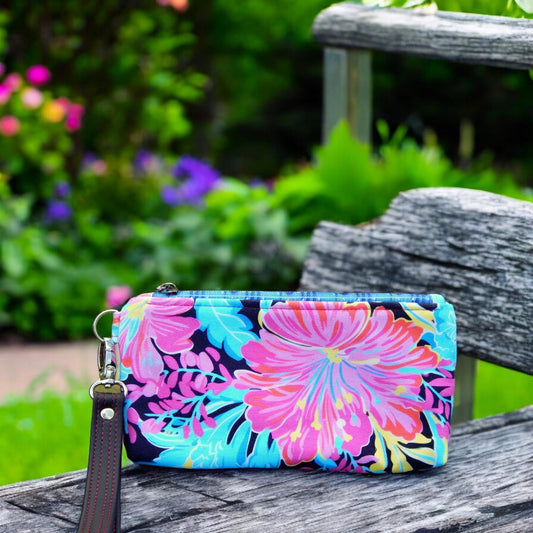 Floral wristlet purse, hibiscus flower, handmade purse, unique gift, ready to ship, zippered pouch, wrist strap, unisex bag, cruise bag