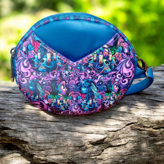Halloween bride round crossbody, psychedelic bag, Halloween wedding, ready to ship, handmade purse, custom print, unique gift for her