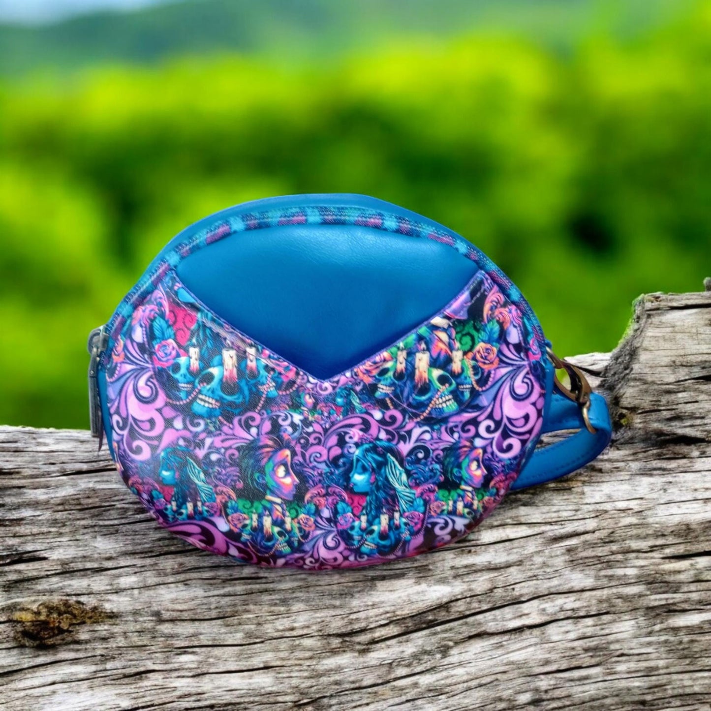 Halloween bride round crossbody, psychedelic bag, Halloween wedding, ready to ship, handmade purse, custom print, unique gift for her
