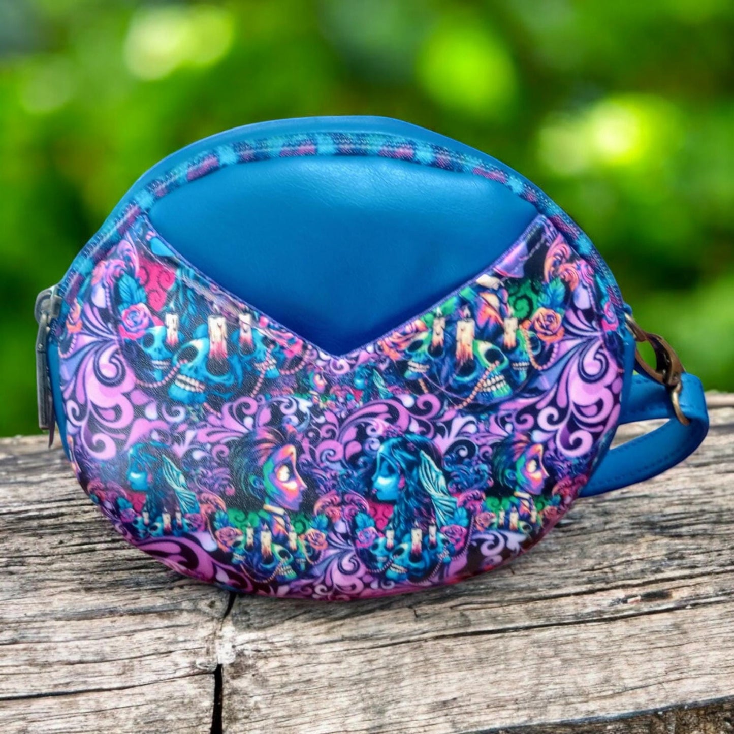 Halloween bride round crossbody, psychedelic bag, Halloween wedding, ready to ship, handmade purse, custom print, unique gift for her