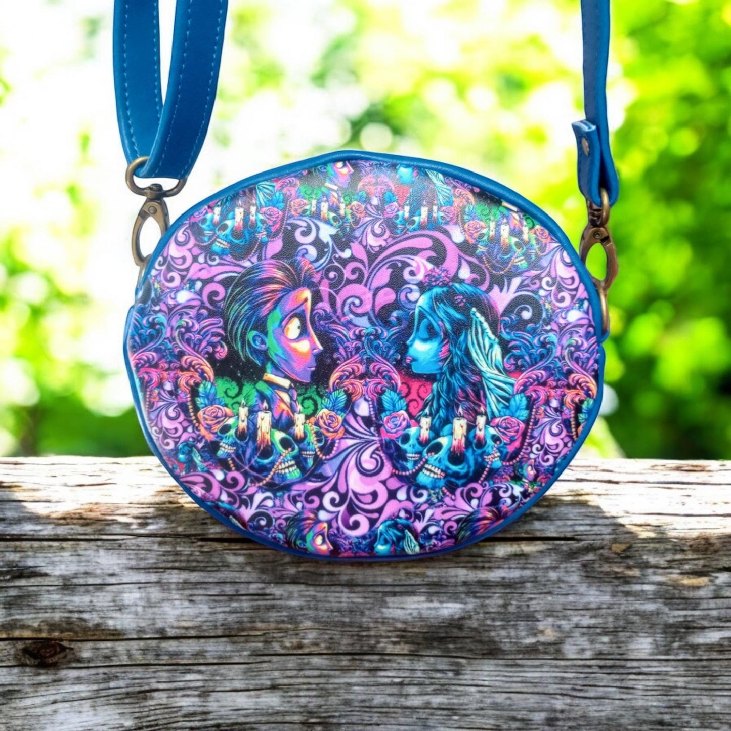 Halloween bride round crossbody, psychedelic bag, Halloween wedding, ready to ship, handmade purse, custom print, unique gift for her