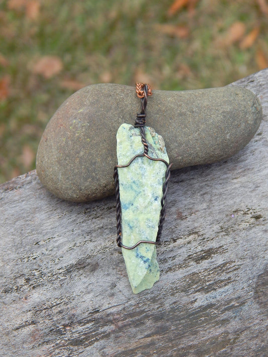 Raw serpentine copper wire wrap pendant