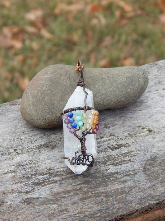Chakra tree of life crystal wire wrapped pendant