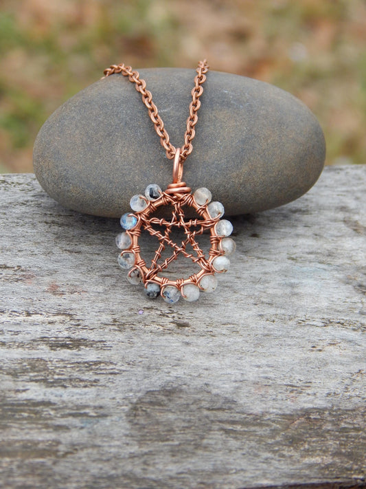 Rainbow moonstone pentacle necklace pendant