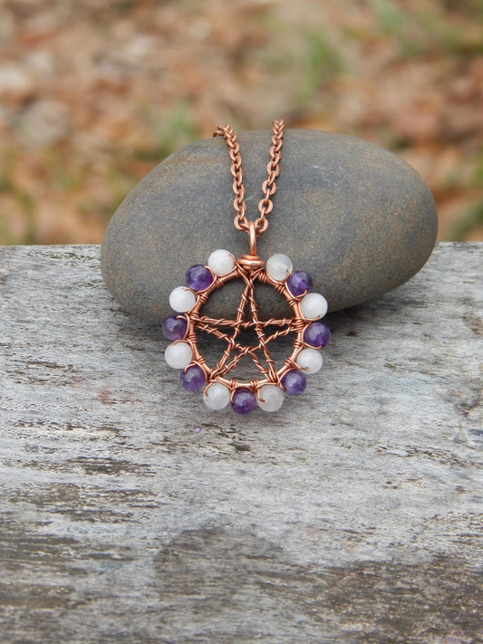 Rose quartz and amethyst pentacle pendant