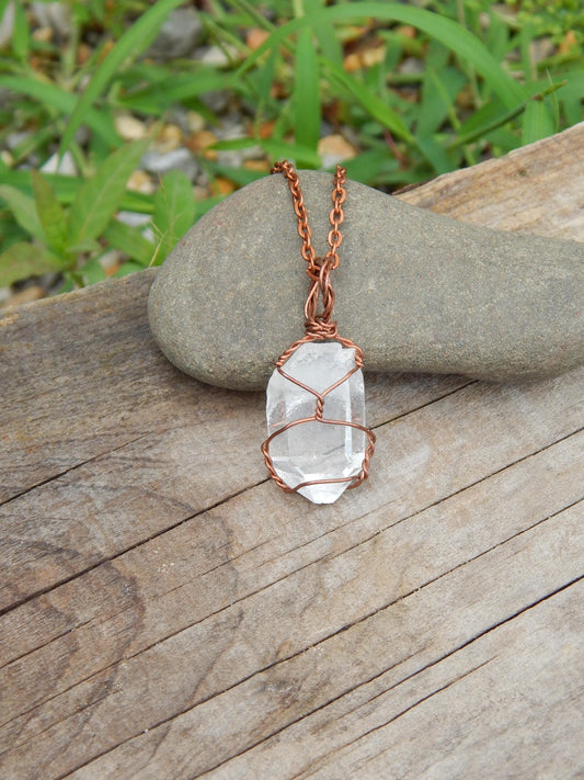 Quartz crystal wire wrapped necklace pendant