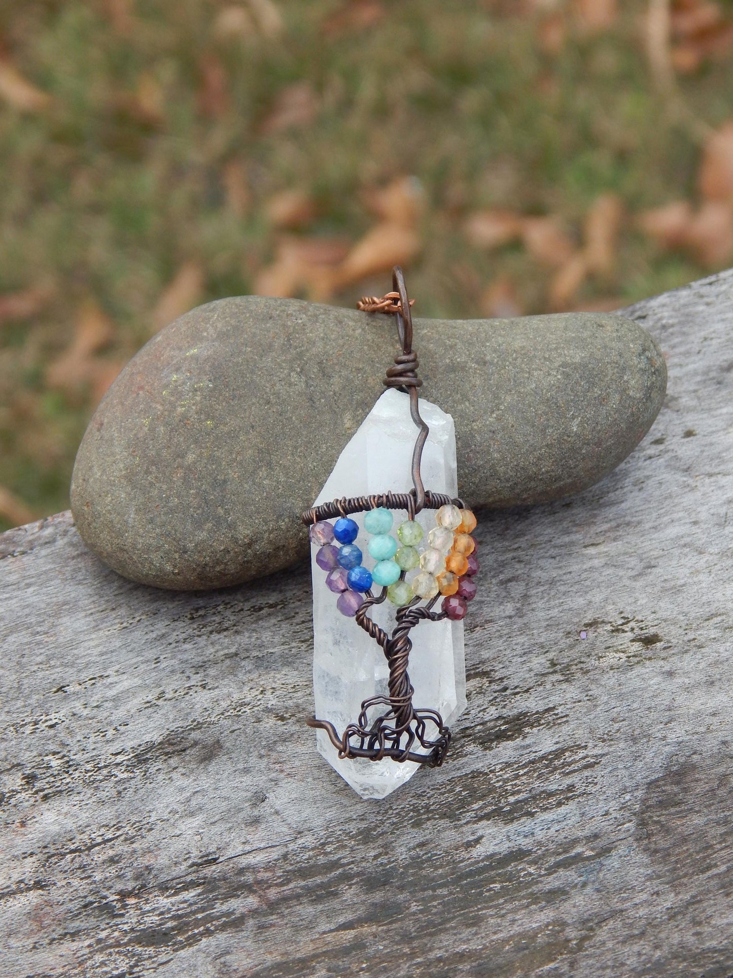 Chakra tree of life crystal wire wrapped pendant