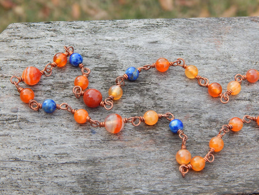Carnelian and lapis beaded copper chain