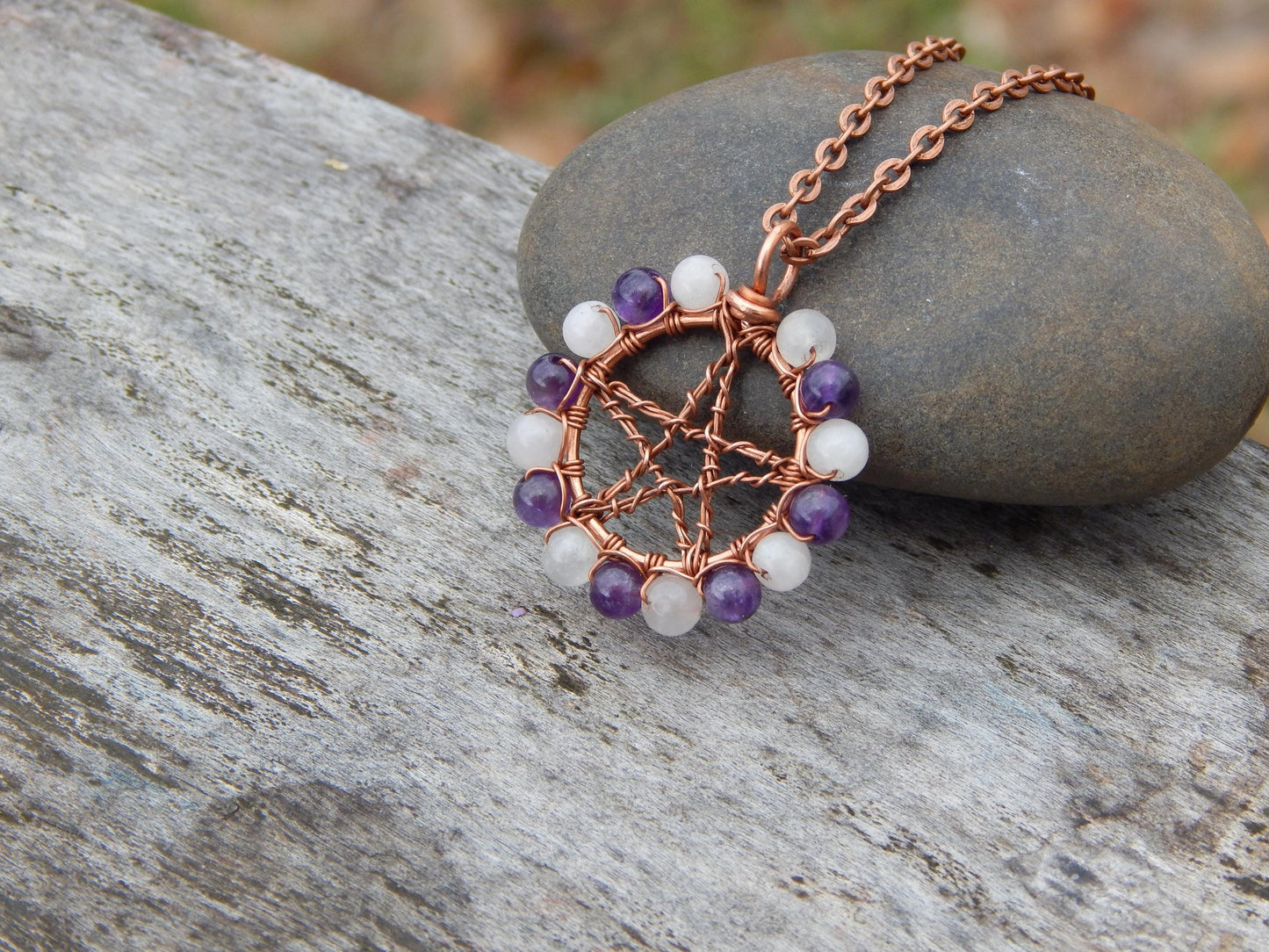 Rose quartz and amethyst pentacle pendant