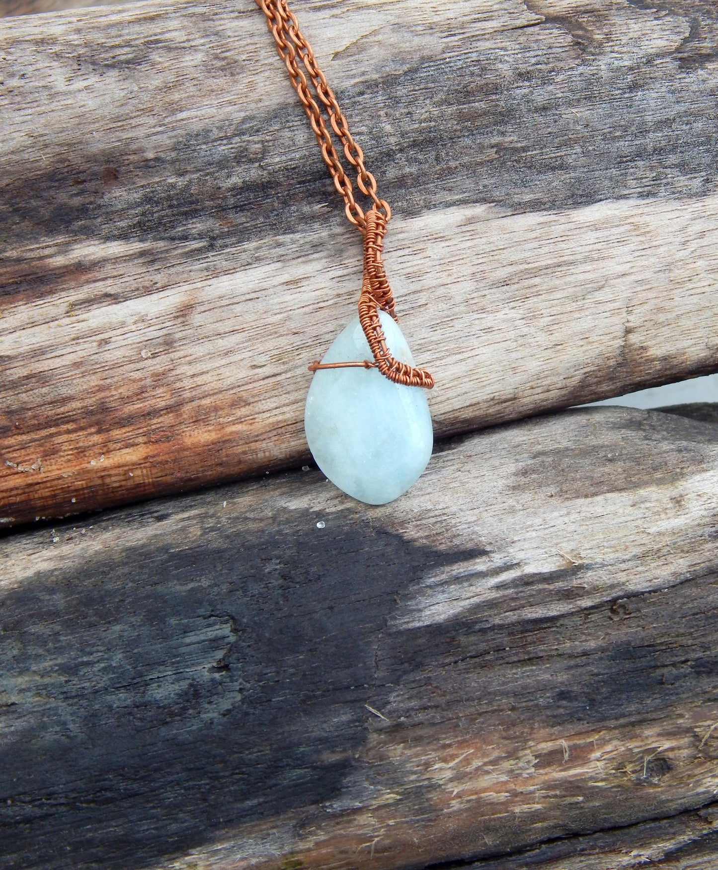 Aquamarine wire wrapped necklace pendant