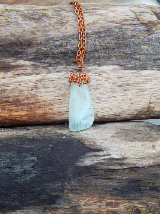 Aquamarine copper wire wrap pendant