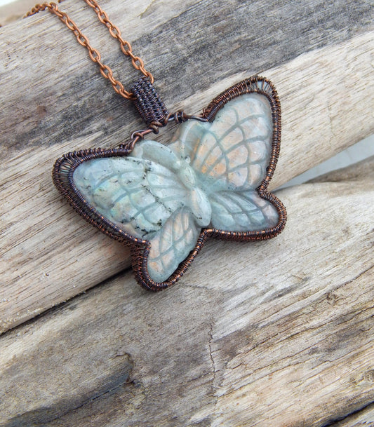 Labradorite wire wrapped butterfly pendant