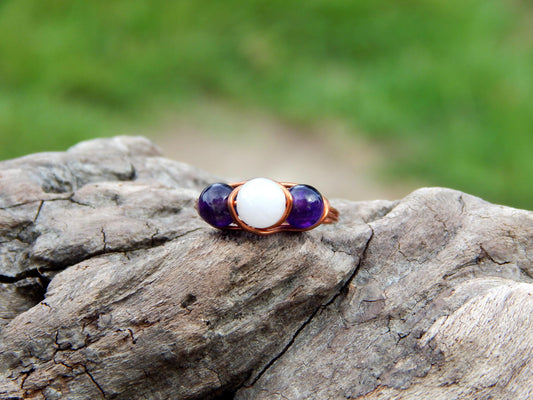 Amethyst and rose quartz size 7 ring wire wrapped ring
